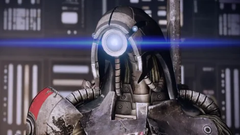Close-up of a robotic character featuring a prominent illuminated eye and metallic surface details.