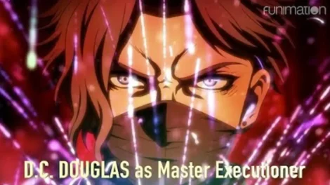 D.C. Douglas portrayed as Master Executioner with intense expression and vibrant background in an anime scene.