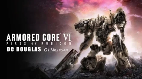 Artwork featuring a large armored mech in a dramatic setting with a colorful background.