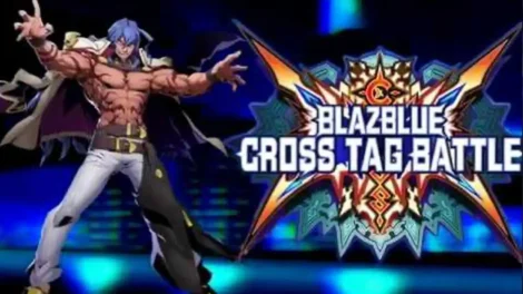 Azrael, a muscular character from BlazBlue Cross Tag Battle, posing with a logo in the background.
