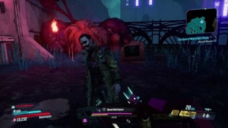 In-game character from Borderlands 3 standing in a detailed environment with a large creature in the background.