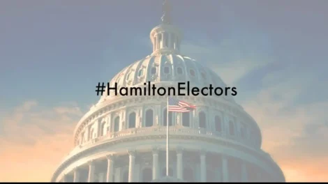The U.S. Capitol building dome with an American flag and the hashtag #HamiltonElectors overlayed.