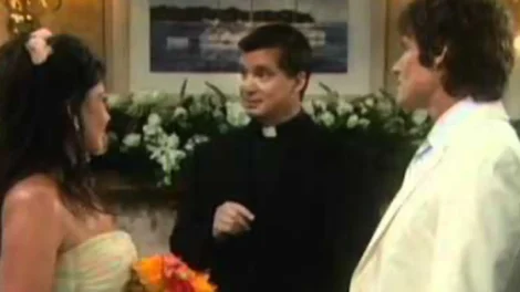 A wedding ceremony featuring a couple and an officiant in formal attire.