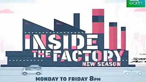 Promotional graphic for the show 'Inside the Factory' featuring a factory illustration and text.