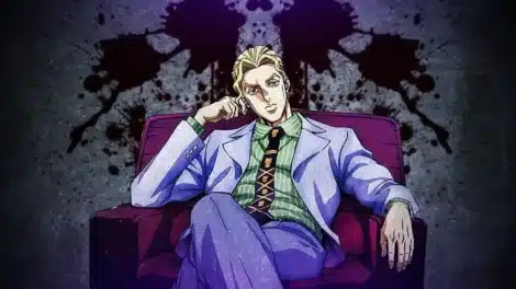 A character in a light suit sitting on a couch with a thoughtful expression against a dark, abstract background.