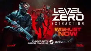 Artwork for the game Level Zero Extraction featuring characters and a monster in a dark setting.