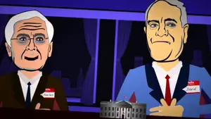 Two animated characters sitting at a desk with a model of a building between them.