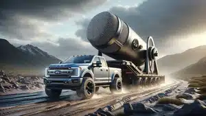 Voice Over: Radio, Streaming, &Amp; Podcast Commercials | D.c. Douglas A Ford truck towing a large microphone on a trailer across a rugged landscape.