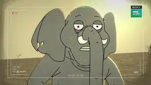 Cartoon-style elephant character with a neutral expression in a simple background.