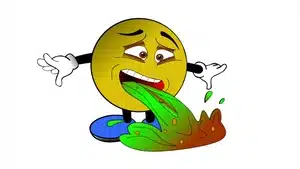 Voice Over: Radio, Streaming, &Amp; Podcast Commercials | D.c. Douglas Cartoon emoji character with a distressed expression vomiting green and brown liquid.