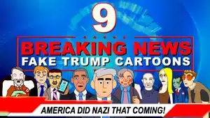 Illustration featuring various cartoon characters resembling political figures in a news format.