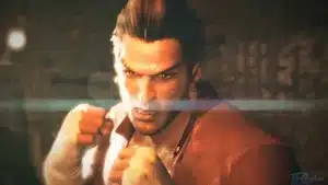 A male character with a serious expression, positioned in a fighting stance with clenched fists.