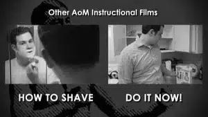 Black and white image featuring a man shaving on the left and another man in a kitchen on the right.