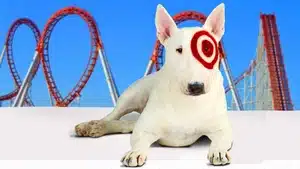 Voice Over: Radio, Streaming, &Amp; Podcast Commercials | D.c. Douglas A white Bull Terrier lying down with a red Target logo on its eye against a blue background.