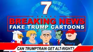 Cartoon image with characters representing political figures and a news banner stating 'Breaking News'.