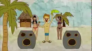 Navigating The Intricacies Of Medical Narration: From Corporate Videos To Patient Education | D.c. Douglas Three animated characters at a beach with palm trees and large speakers.