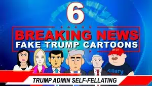 Cartoon-style illustrations of various political figures with text indicating breaking news about Trump administration.