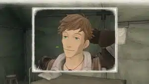 A character portrait of a young man with brown hair and green eyes in a video game setting.