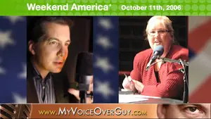 Two radio hosts speaking into microphones during a broadcast for Weekend America.