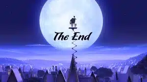 A silhouette of a character standing on a rooftop under a large moon with the text 'The End'.