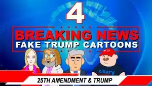 Four animated characters featured in a breaking news segment about Trump and the 25th Amendment.
