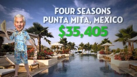 Image of Four Seasons Punta Mita resort with a cartoon character in swimwear and price text.