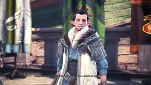 A character with pointed ears and a distinctive outfit in a fantasy video game setting.