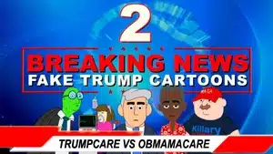 Graphic featuring animated characters discussing Trumpcare versus Obamacare in a news format.