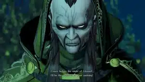 A character with pale skin and dark hair wearing a dark cloak in a fantasy setting.