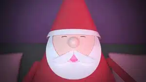 Cartoon Santa Claus character with a red hat and white beard, smiling at the viewer.