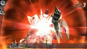A Gundam mecha in an action pose with a bright light emanating from its hand against a red background.