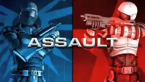 Two video game characters, one in blue armor and the other in red armor, each holding a weapon.