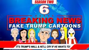Cartoon characters representing various individuals with a headline about fake Trump cartoons for season two.