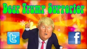 Gadfly: Breaking News &Amp; Tweaked Nipples | D.c. Douglas Cartoon character resembling a man with blonde hair and suit, with text 'Dear Trump Supporter' in colorful font.