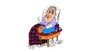 Voice Over: Radio, Streaming, &Amp; Podcast Commercials | D.c. Douglas Cartoon illustration of a sick person resting in bed with tissues and medicine nearby.