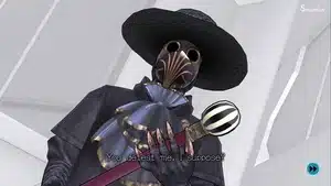 A character wearing a plague doctor mask and hat, holding a staff with a spherical top.