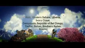 Text listing countries and regions including Haiti, Western Sahara, and Kosovo against a cloudy background.