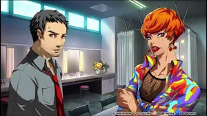 Two animated characters in a dressing room, one male with dark hair and one female with orange hair and colorful attire.