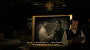 Black and white image featuring a man in a suit and another in a lab coat with a Soviet emblem in the background.