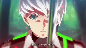 Anime character with white hair and green accents holding a sword, looking serious with a determined expression.