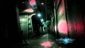 Dark corridor from the video game Resident Evil Revelations with colored lighting effects.