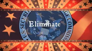 Gadfly: Breaking News &Amp; Tweaked Nipples | D.c. Douglas U.S. Securities and Exchange Commission logo with the word 'Eliminate' overlaid on a star-patterned background.