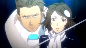 Two anime characters in futuristic outfits, one male and one female, with serious expressions.