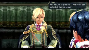 A male character with blonde hair wearing an ornate outfit, seated and engaged in conversation.