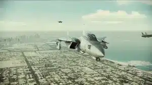 A military fighter jet flying over a cityscape with a coastline in the background.