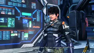A character wearing futuristic armor stands in front of a high-tech control panel with various displays.