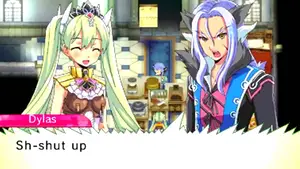 Two anime characters engaged in conversation, one with long green hair and the other with purple hair.