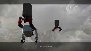 Two robotic drones with cargo boxes flying in a cloudy sky above a cityscape.