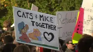 Gadfly: Breaking News &Amp; Tweaked Nipples | D.c. Douglas A protest sign featuring a cartoon illustration of cats and mice with the text 'Cats & Mice Together'.