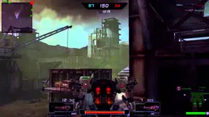 Screenshot of a mech battling in a futuristic environment with a scoreboard displayed.